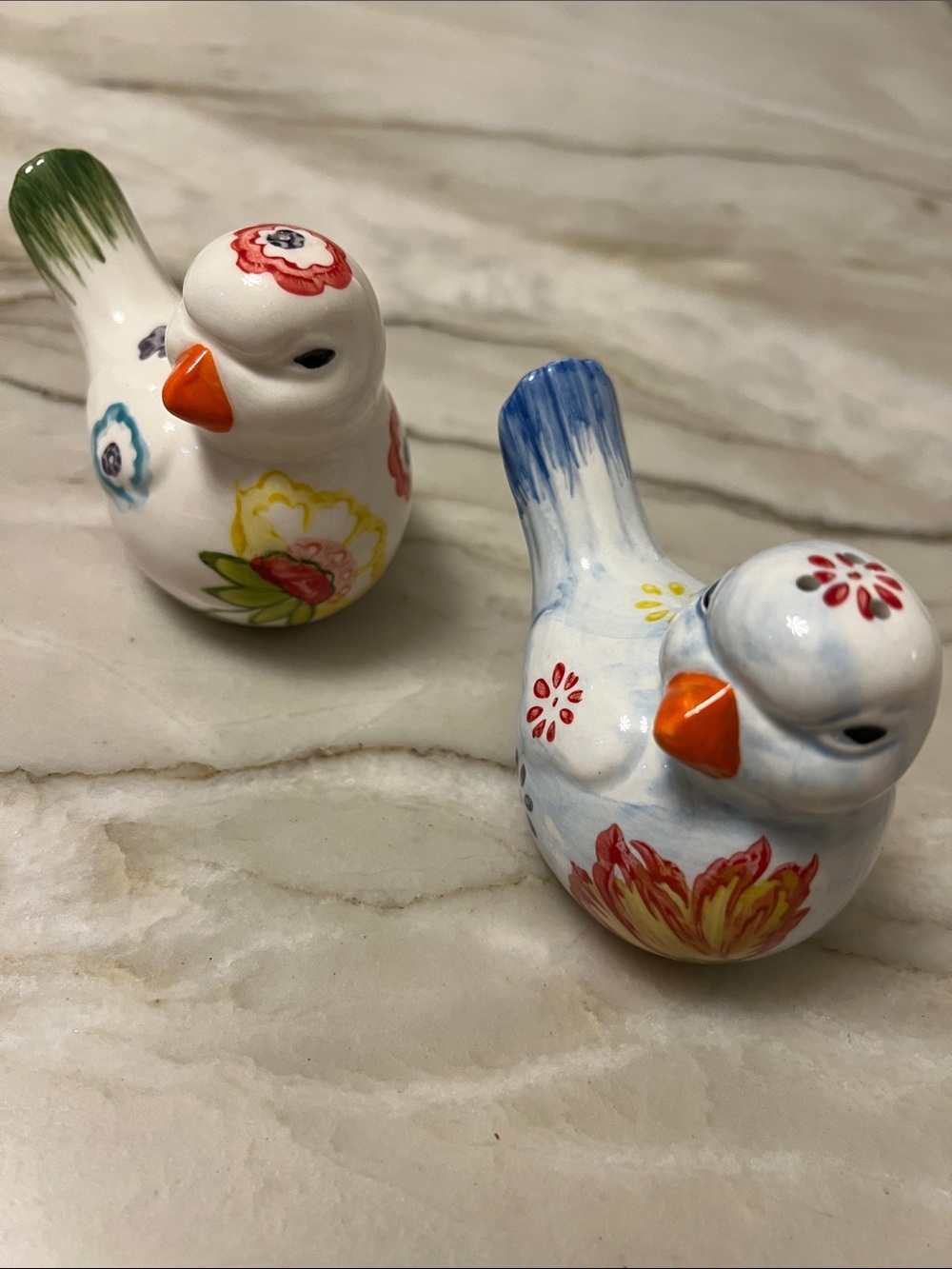 Charming Birds Salt & Pepper Shakers: Hand-Painted Ceramic Florals on Birds